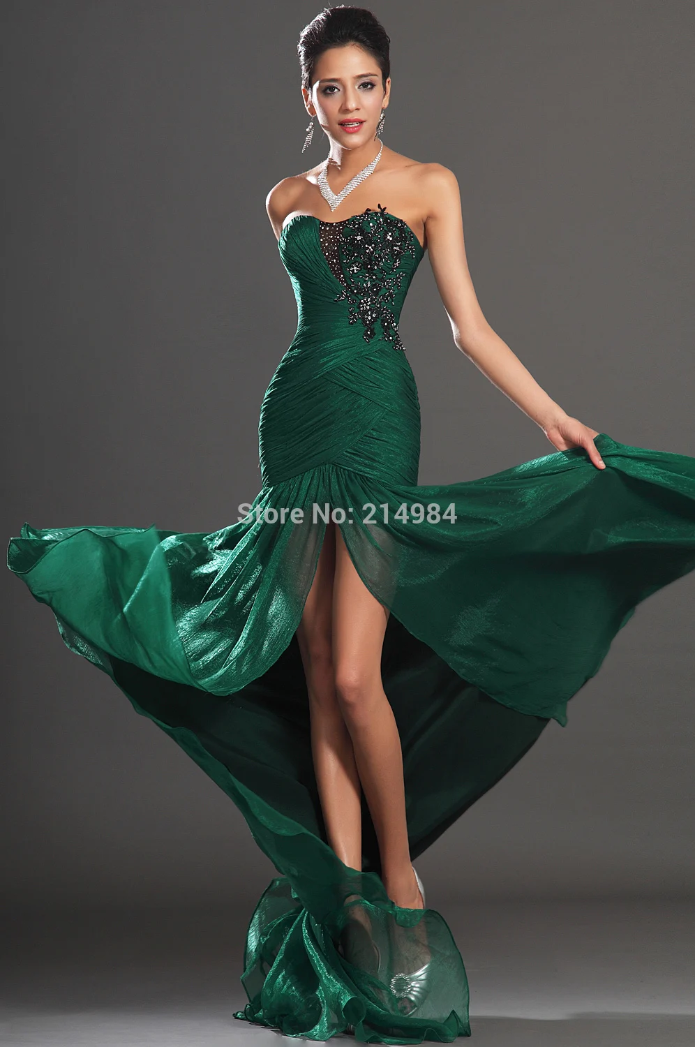 Vestido de noiva spedizione gratuita nuova vendita calda Sexy sirena ricamo nero abito da sera a sirena in Chiffon pieghettato verde scuro 2018