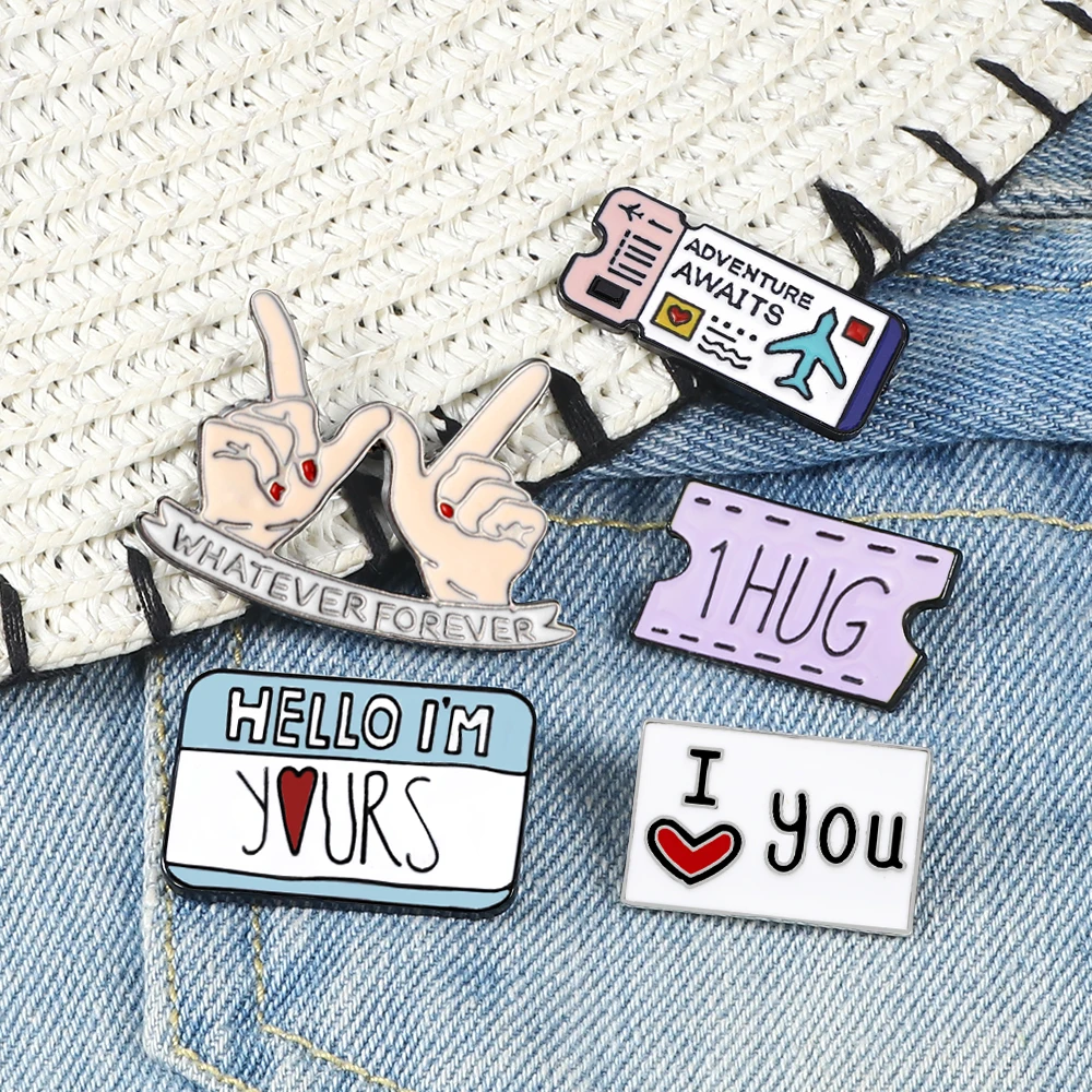 Quote Enamel Pins 1 HUG Air Ticket Adventure Awaits Coupon I love you Badge Shirts Lapel Brooch Love Jewelry Gifts For Women Men