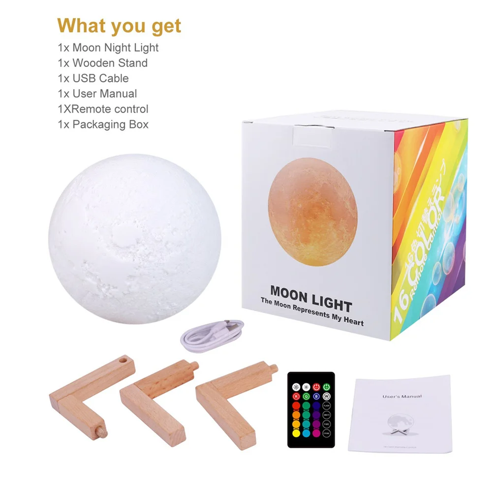 3D Print Moon Light Table Lamp Colorful Change Touch USB Rechargeable LED Night Light Remote Control Moon Lamp Table Home Decor