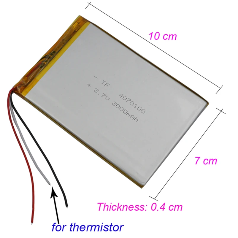 Bateria polimerowa Li 3,7 V 3000 mAh 11,1 Wh 4070100   Termistor NTC 3-przewodowy do e-booków Głośnik Bluetooth LED Light DashCam Tablet PC