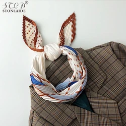 Euro Women Pleated Scarf CHIC Clean Lattice Printing Square Imitation Silk Tie Scarf For Ladies Silk Neckerchief Braid Scarf
