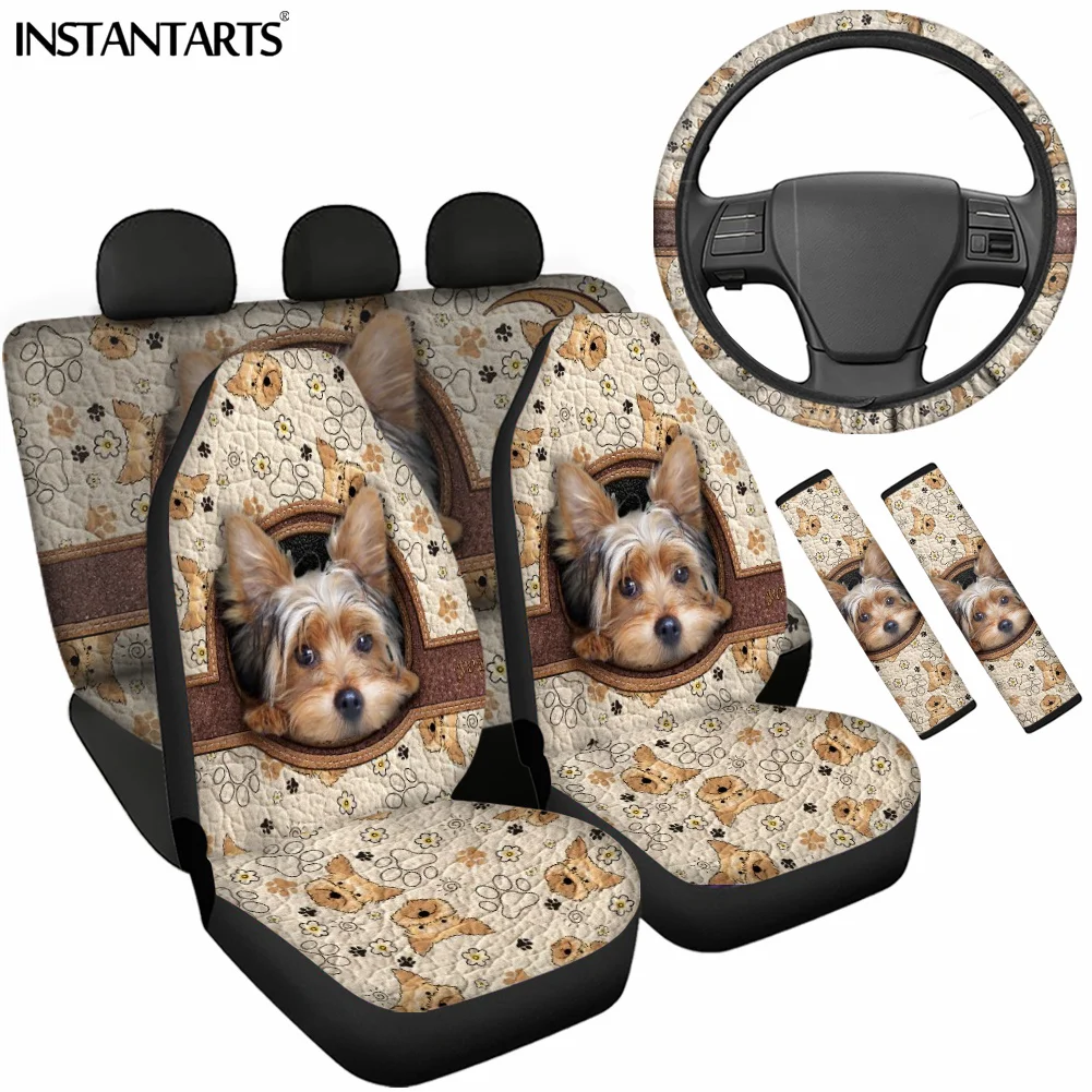 

INSTANTARTS Yorkshire Terrier 3D Leather Print Car Truck Seat Cover Universal Steering Wheel Covers Car Non-slip Seat Belt Cover