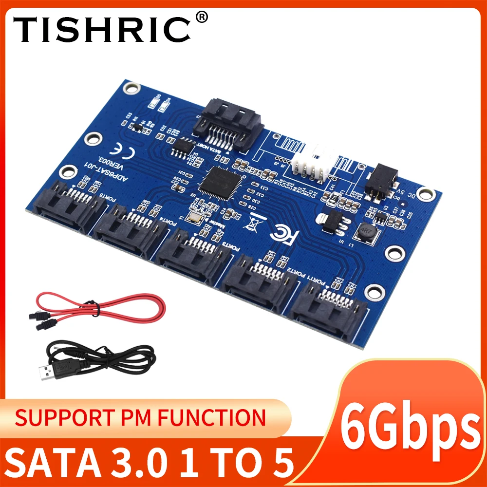 

TISHRIC SATA 1 To 5 Port SATA Expansion Card Converter Riser Multiplier SATA 3.0 6Gbps Hard Drive HDD SSD Accessory