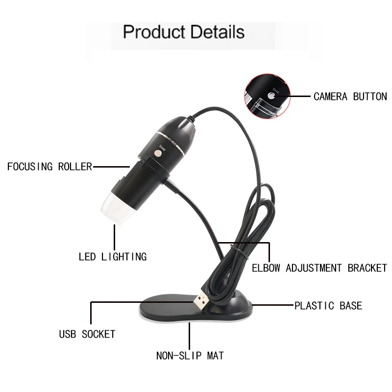 Microscopio Digital portátil de mano, microscopio electrónico con interfaz USB, 8 LED, 1000X, 1600X, con soporte