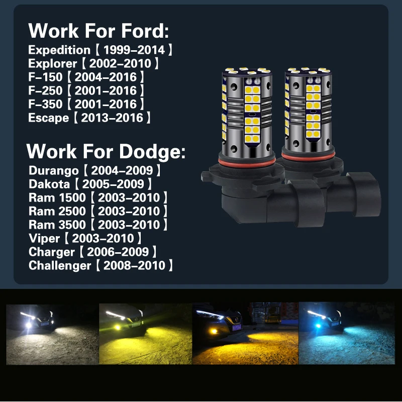 2x LED Fog Light 9145 H10 9006 HB4 Lamp For Ford Expedition Explorer Escape F-150 Dodge Viper Charger Ram 1500 2500 3500 Dakota