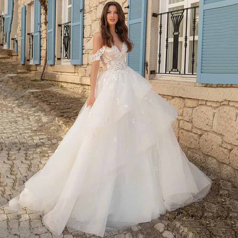 Princesa vestido de baile vestidos de casamento rendas vestido de noiva do vintage manga tampão venda quente saia em camadas coréia vestidos de casamento feitos sob encomenda