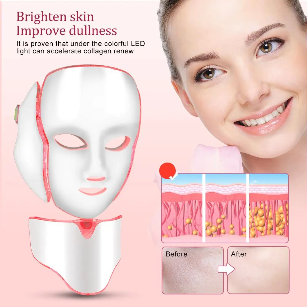 7 Colors Light LED Facial Mask with Neck Face Care Treatment Beauty Anti Acne Therapy Face Whitening Skin Rejuvenation Machine