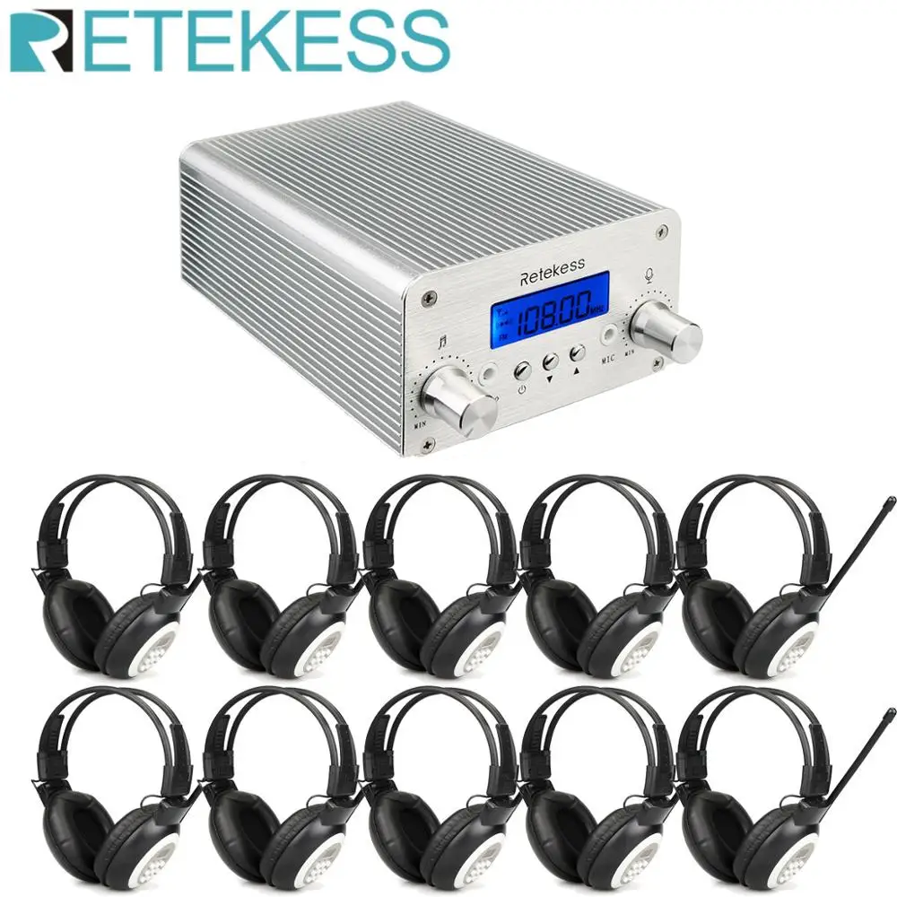 Retekess TR501 6W Wireless FM Broadcast Transmitter Radio Station+10pcs TR104 Headphone for Drive-in Church Meeting Translation