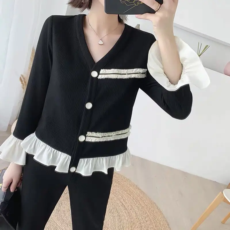 Spring Autumn Women Set Fashion Patchwork Knitting Cardigans + Pants Black Knitting Set Female