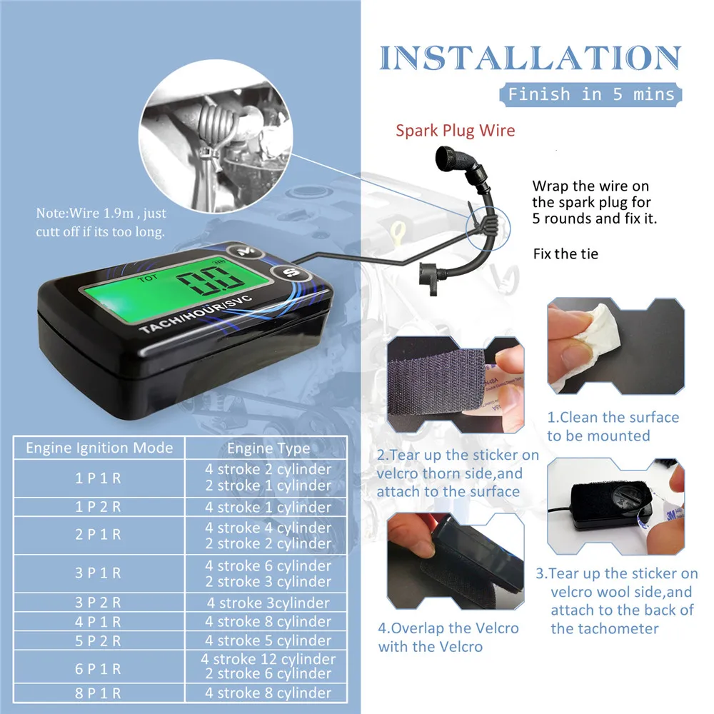 Tach Hour Meter Digital Tachometer Engine Resettable Maintenace Alert RPM Hour Meters for Motor Chainsaws Boats ATV