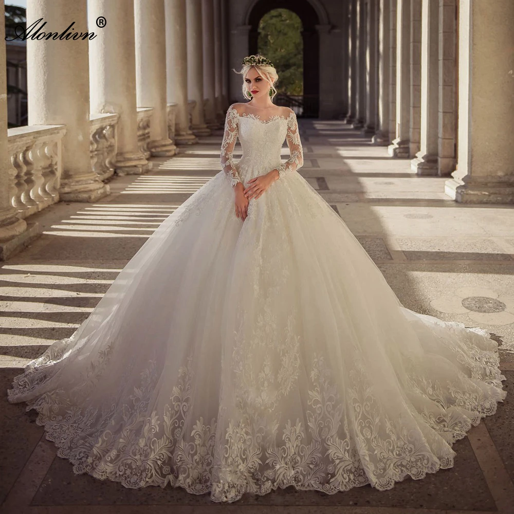 

Alonlivn Elegant Silky Tulle O-Neck Ball Gown Princess Wedding Dresses Long Sleeves Appliques Lace Bridal Skirts Customize