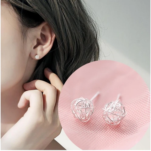 Fashion Personality Silver Hollow Winding Skein Small Earrings Handmade Line Ball Brilliant Creative Students Small Jewelry Gift