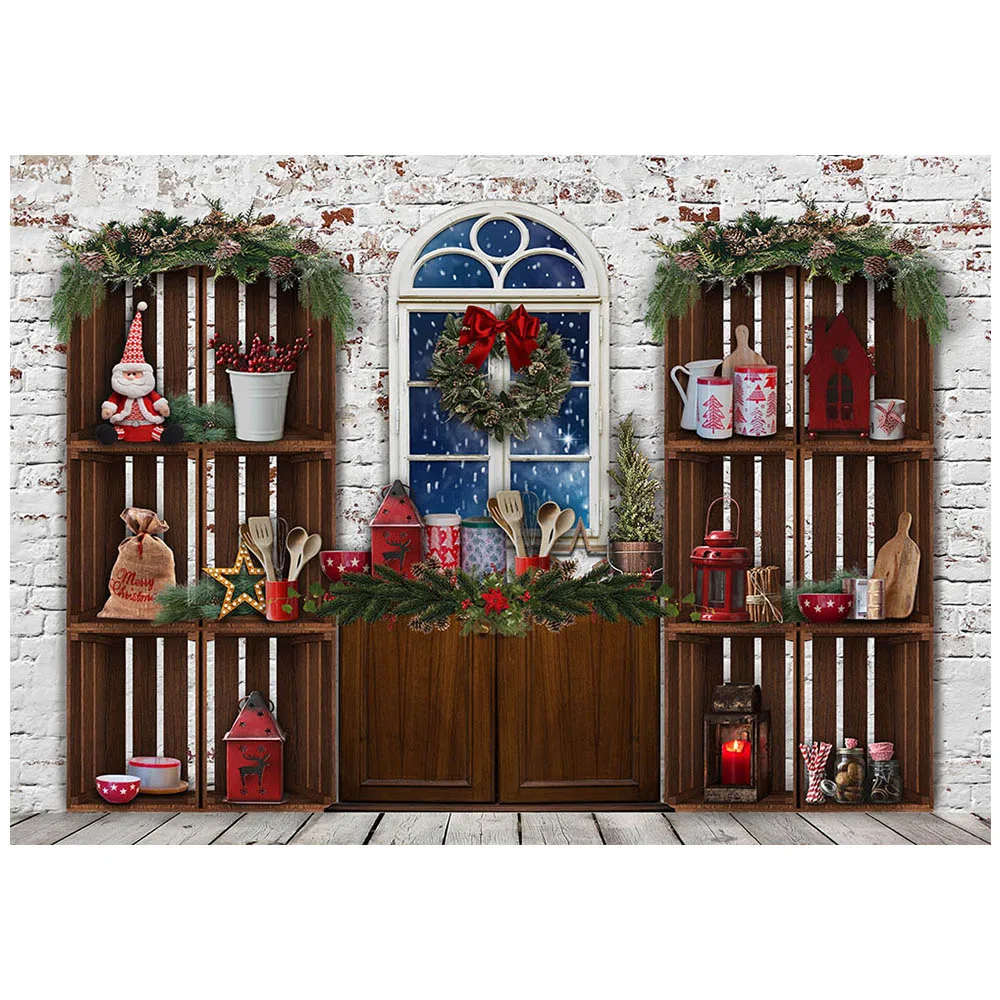 Mocsicka Christmas Backdrop Cupboard White Brick Wall Kitchen Family Cooking Party Decor Kids Portrait Background Photocall Prop