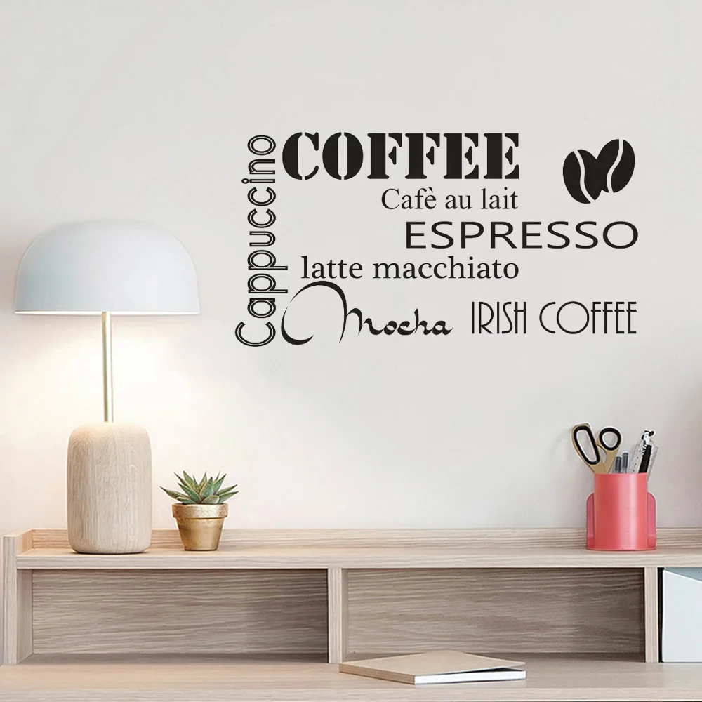 Vinyl Wall Sticker Coffee Mocha Irish Coffee Cafe Au Lait Hot Drink Quotes Wall Decal Kitchen Wallpaper