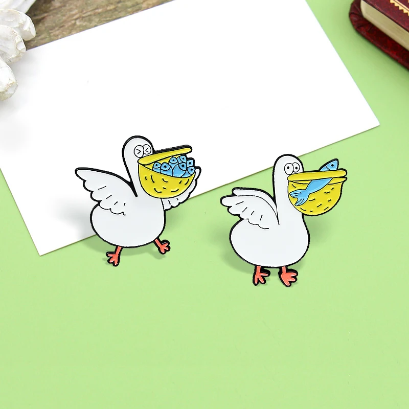 Cute Cartoon White Goose Duck Brooches Big Mouth Seagull Seabirds Cormorant Waterfowl Enamel Pin Broches Badge Jewelry For Women