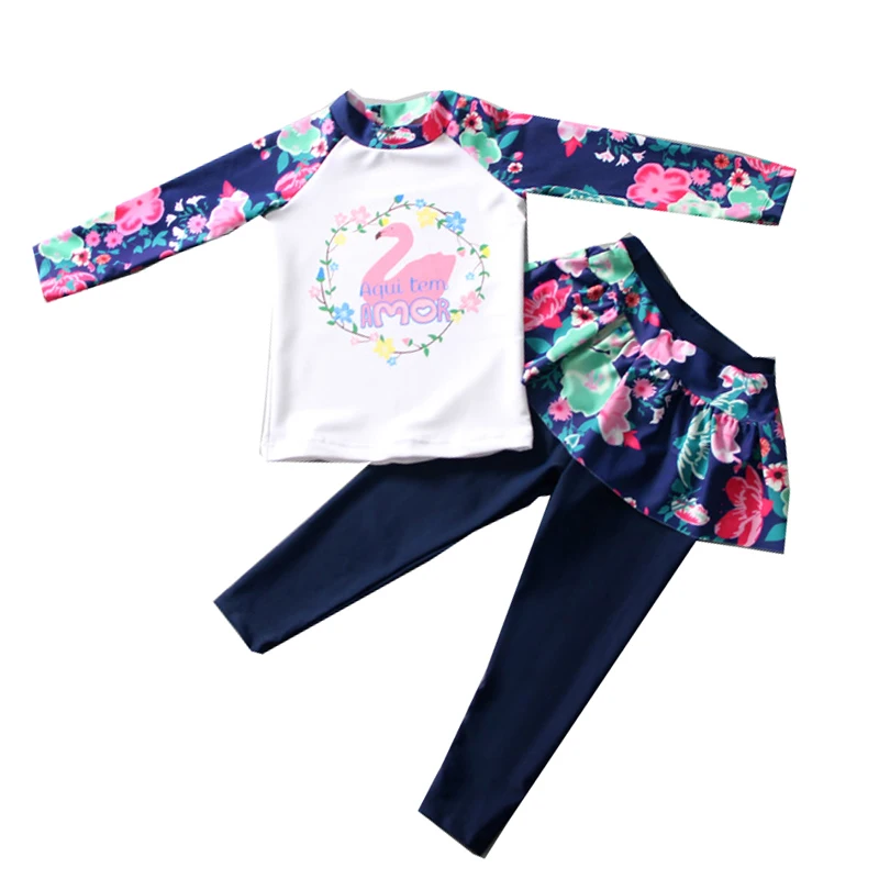 Girl\'s Swimsuit Skirt Two Piece Kids Long Sleeve Swimwear Two Piece Rashguard Children Swimsuits 3 To 11Year Old Bathing Suits