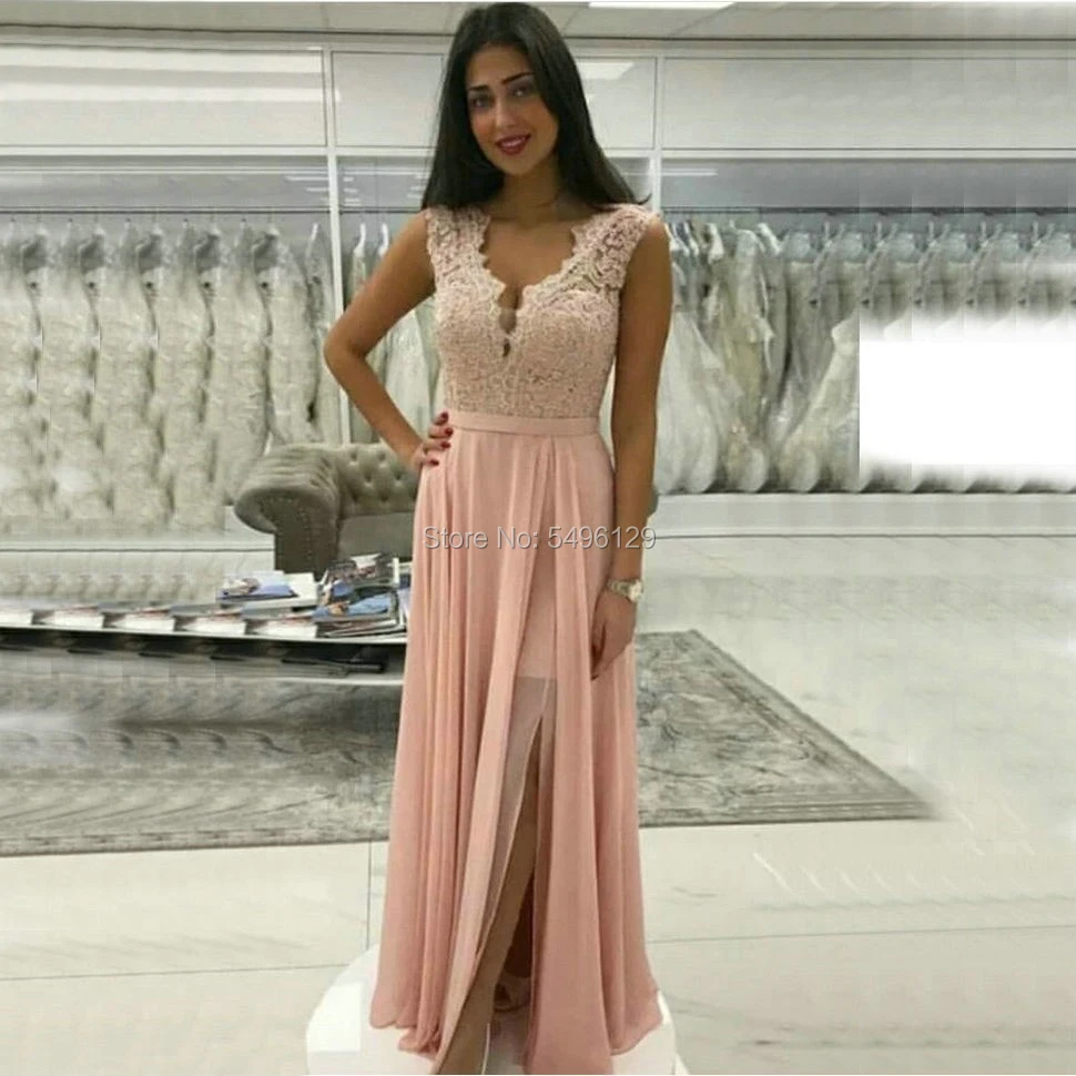 Elegant Pink Chiffon Long Evening Dresses 2024 Sexy Appliques Lace Top Prom Dress Side Slit A Line Party Formal Gowns Backless