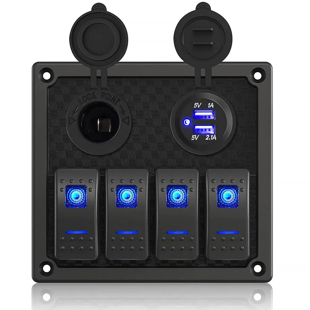 4 Gang Waterproof Marine Boat Rocker Switch Panel with Dual USB Slot Socket + Cigarette Lighter LED Light for Car Rv Truck