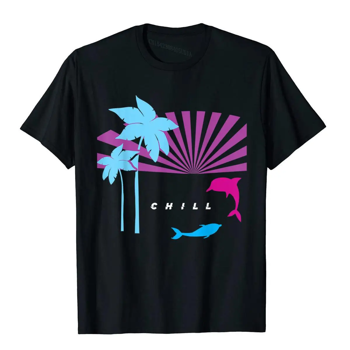 

Vaporwave Retro CHILL Vibes Dolphin Sunset Palm Tree Dolphin T-Shirt Cotton Chinese Style Tops Shirt Faddish Men T Shirt Printed