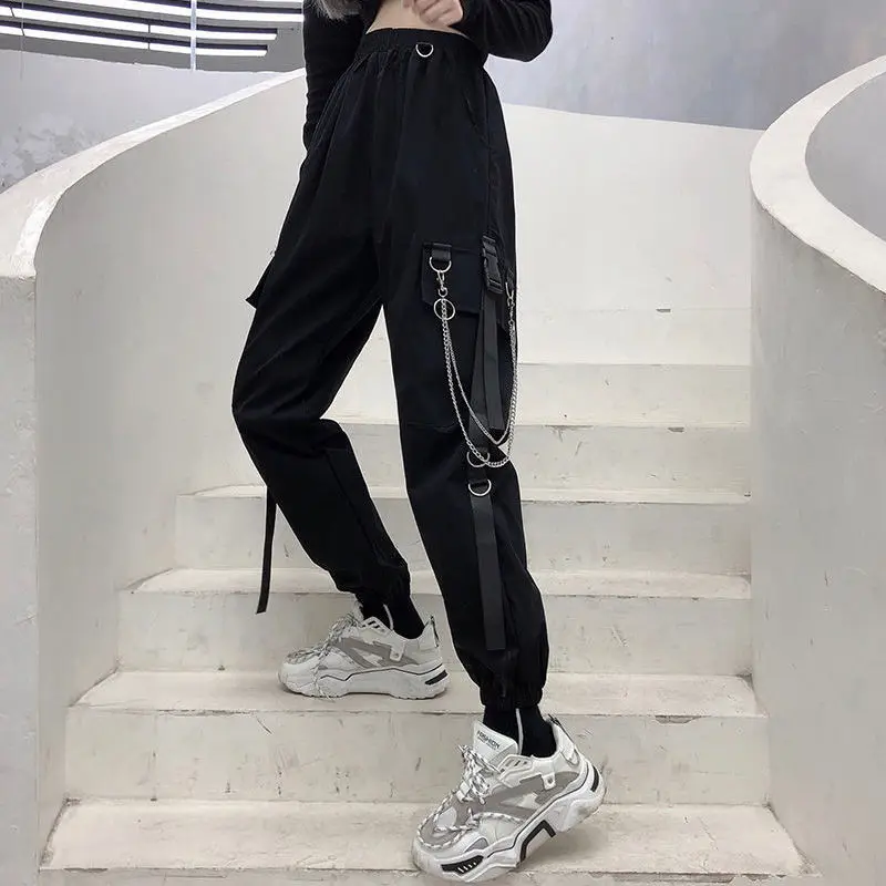 Womens Streetwear Pants With Chain Fashion Women's Cargo Pants High Waisted Casual Pants Girls Fashion Harem Ankle Banded Pants