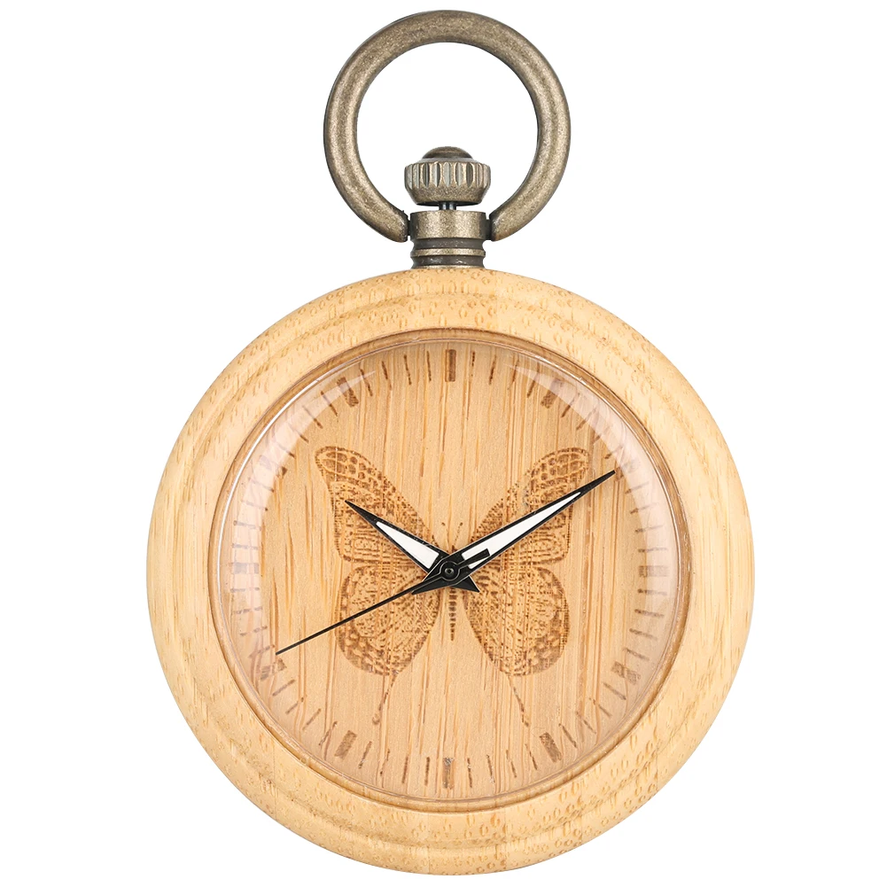 Classic Bamboo Pocket Watch Unique Pattern Dial Pocket Watch Chain Pendant Watch for Women Men