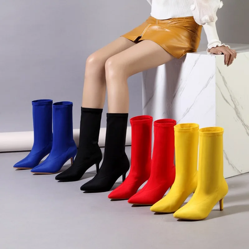 

Fall/winter New Fashion Pointed Suede Women's Ankle Boots Candy Color Set Feet Solid Color Long Boots Stiletto High Heel Boots