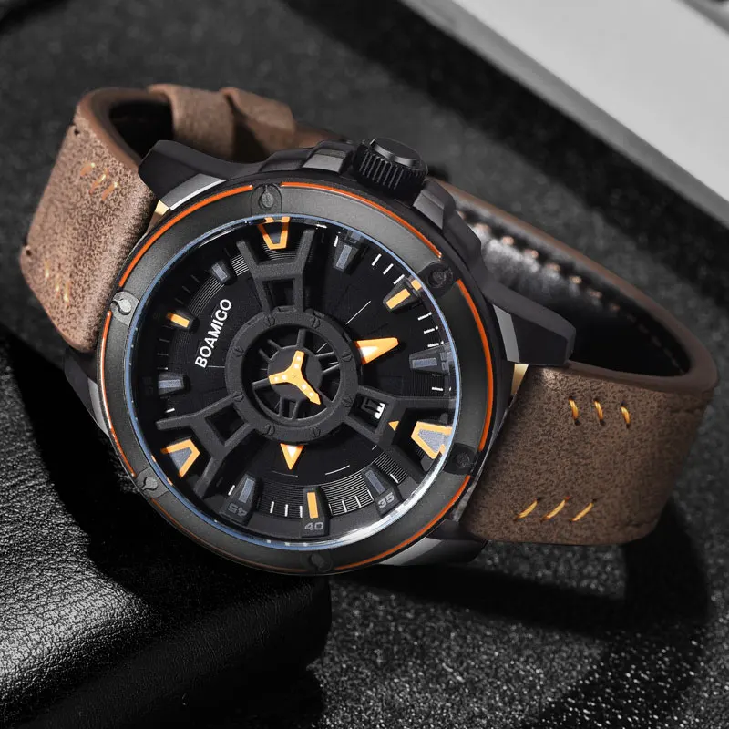 Boamigo relógio de pulso esportivo masculino, relógio fashion casual quartz couro com data automática