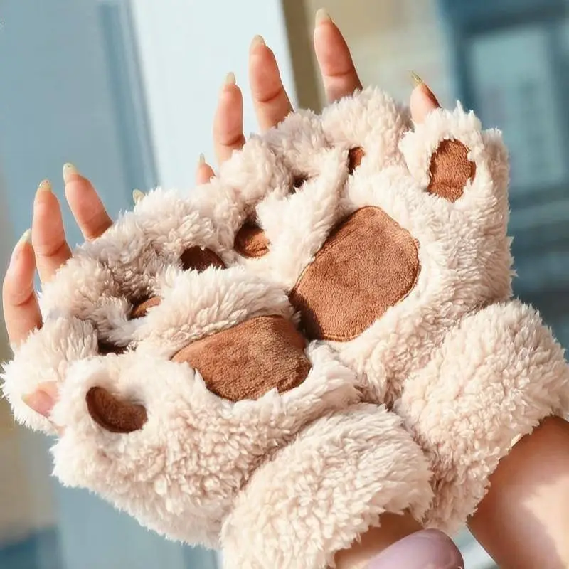 ฤดูหนาวผู้หญิงแมวน่ารัก Paw Plush Mittens Warm Soft สั้น Fingerless ถุงมือครึ่งนิ้ว