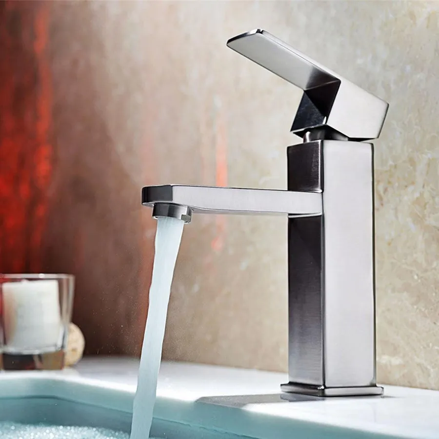 Modern Square Brushed Bathroom Faucets Stainless Steel Basin Faucet Sink Mixer Tap Vanity Cold Hot Water Faucets Single Handle