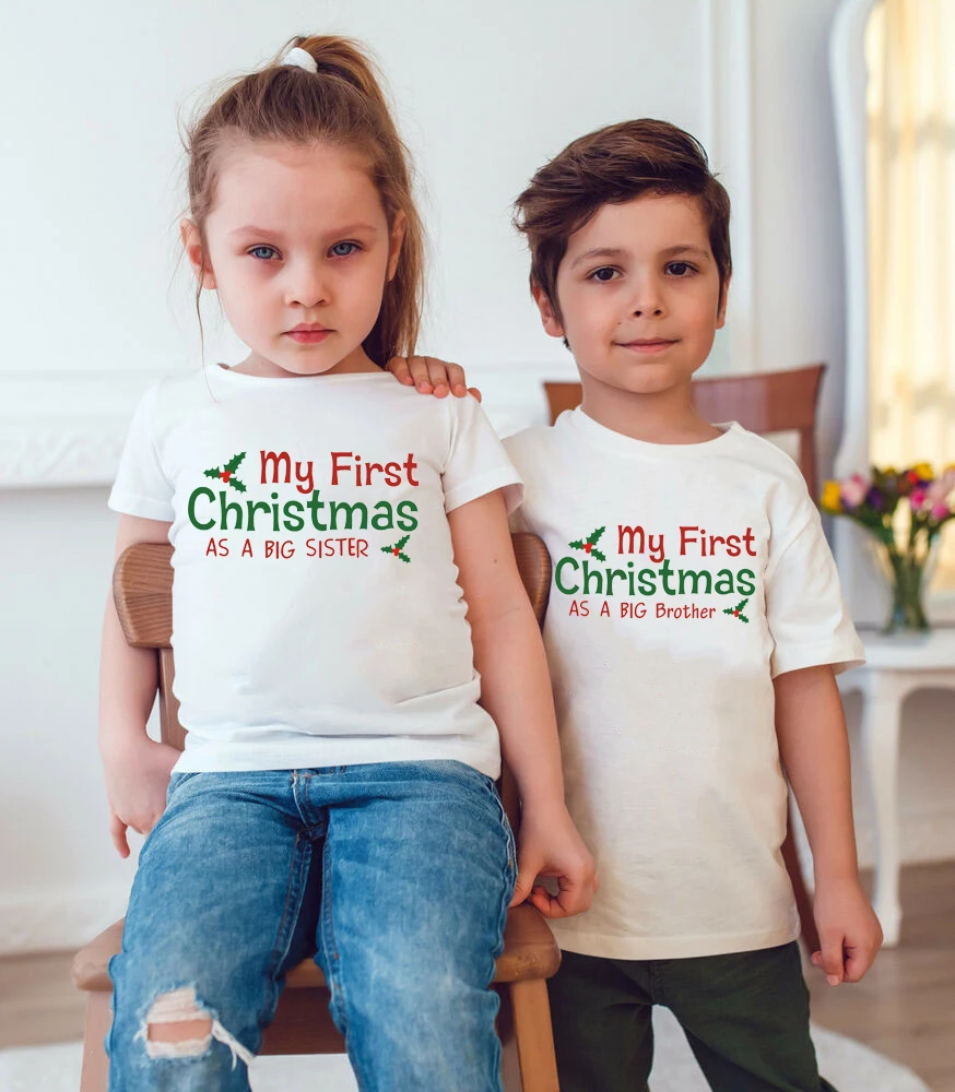 My First Christmas As A Big Brother/Sister Children Christmas Anouncement Tshirt Kids Boys Girls Clothes Fashion Holiday Top Tee