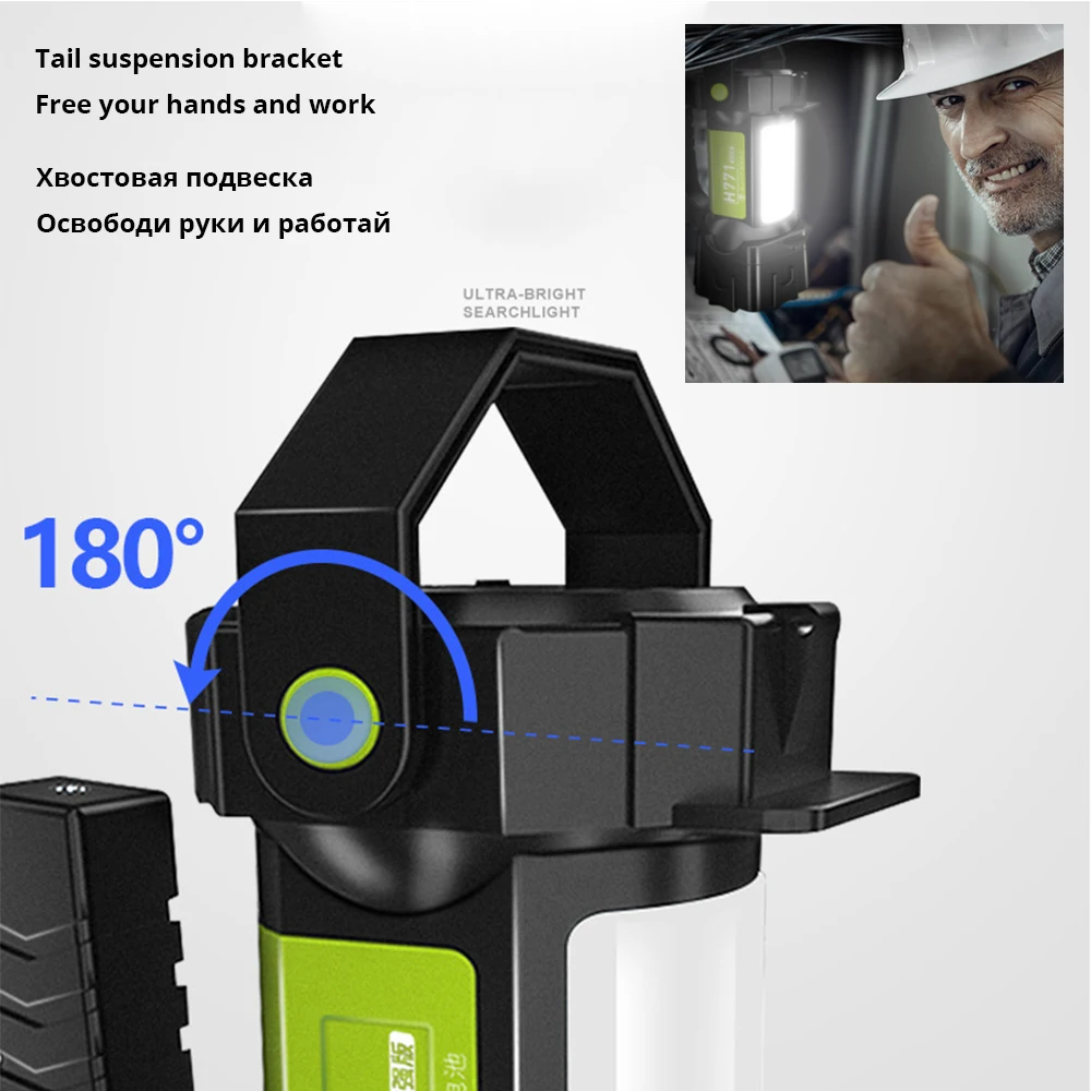Potente linterna LED portátil, reflector con luz lateral, 6 modos, resistente al agua, USB, 18650, para pesca