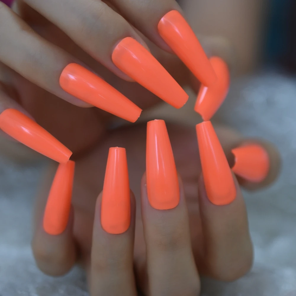 24pcs Orange Coffin False Nail Extra Long Full Cover Sculpted Ballerina Acrylic Fake Nails Fingernail Tips Manicure Charms