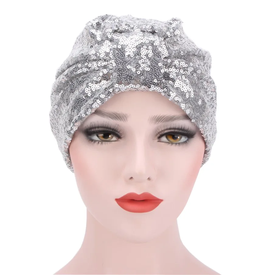 2021 New Women Glitter Sequins Turban Cap Muslim Fashion Headwear African Headwraps Ladies Headscarf Bonnet Islamic Hijab Caps