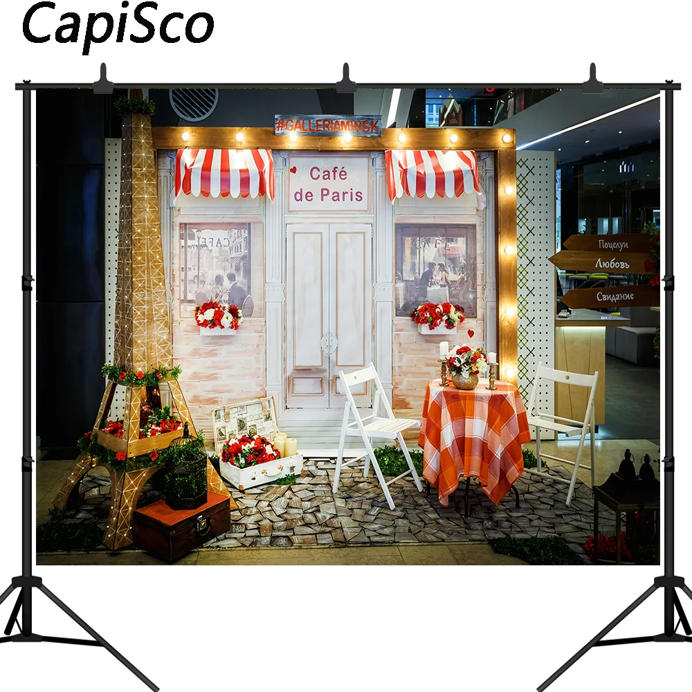 Capisco Cafe De Paris Retro Store Tháp Eiffel Nhiếp Ảnh Backdrop Tùy Chỉnh Studio Ảnh Nền Cho Đám Cưới Chụp Ảnh