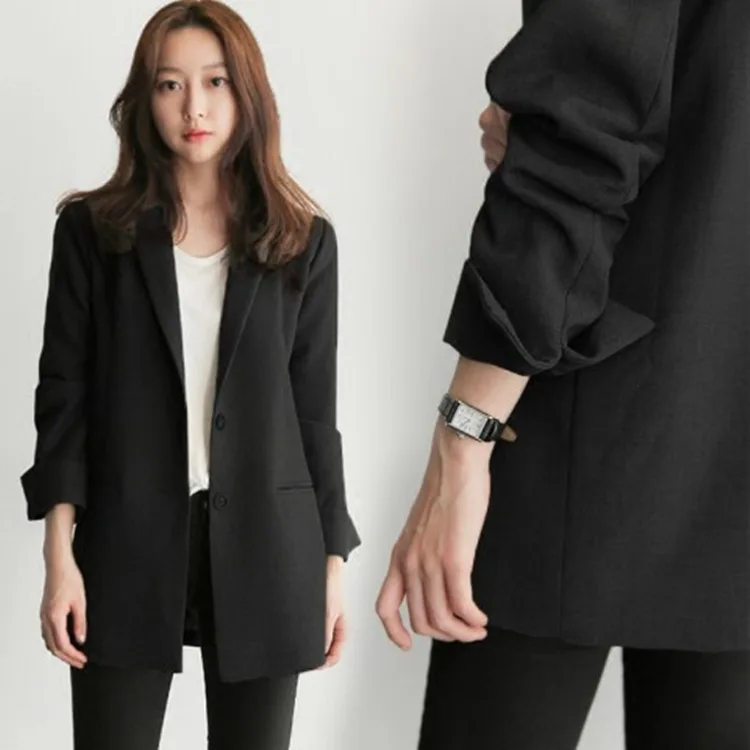 Blazer de traje negro para mujer, chaqueta de oficina de gran tamaño, a la moda, con botones dobles, abrigo largo, informal, Formal, Otoño, 2023
