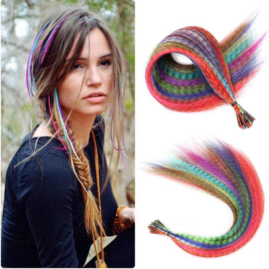 Fake Feathers for Hair Extensions Colored Strands of Hair Rainbow I-Tip Hairpiece without Hair Clip Cheap for 1 Uah