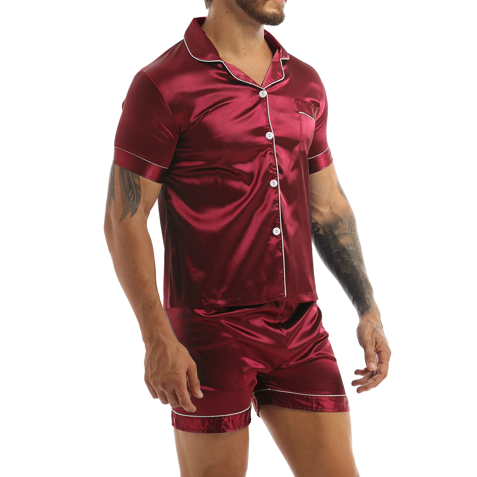 Fashion Mens Silky Satin Pajamas Set Solid Color Short Sleeves Button T-Shirt Tops with Elastic Waistband Boxer Shorts Sleepwear