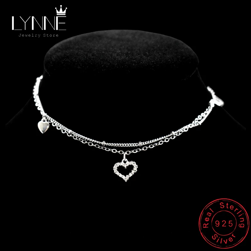 

New Fashion 925 Sterling Silver Heart Rhinestone CZ Pendant Double Layer Anklets Women Jewelry Summer Zircon Foot Chain Bracelet