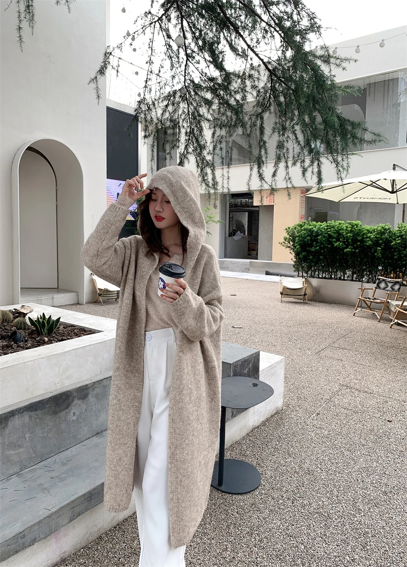 [ZAYAU]Hooded Knitted Cardigan women's Yarn Mixed Color Sweater Coat Design Feeling Loose Lazy Wind Wool Coat Medium Length