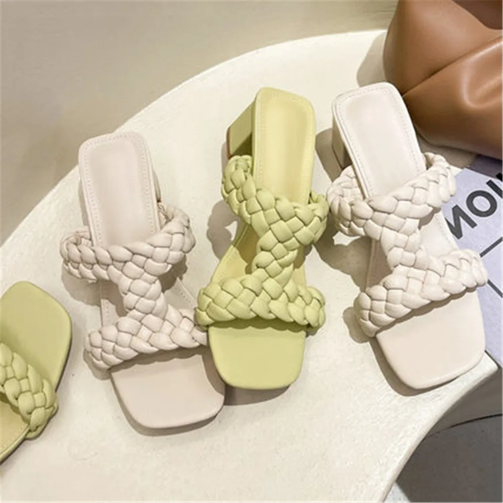 Thick High Heel Square Toe Slippers Outdoor Wear Temperament Cool Drag Weaving 2024 Summer New Comfortable Sweet Beauty Shoes