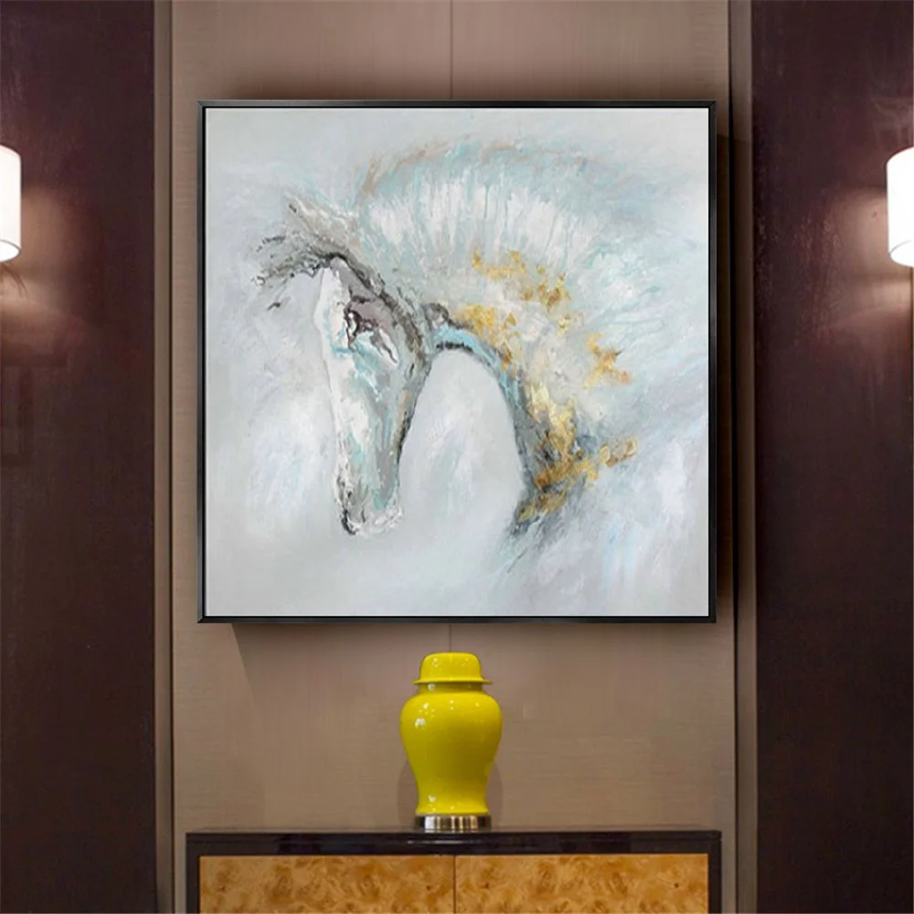 100% Hand-Pained Noble And Elegant Horse Oil Painting White Cream Color Wall Art Mural Animal Pictures For Home Decor Poster