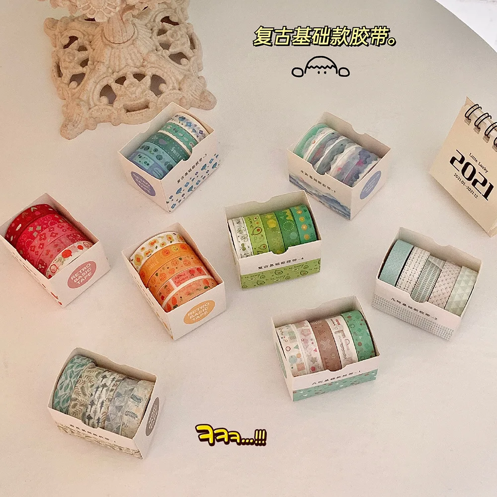 MINKYS 레트로 카와이 와시 테이프, 스크랩북 저널 장식 접착 마스킹 테이프, 핸드 북 문구, 5 개/팩