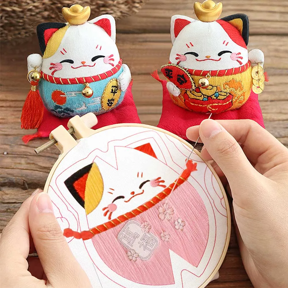 Handmade Chinese Embroidery Tool for Car Auto Pendant Good Luck Charm Amulet Self-embroidered Beginer Cat Needlework Carft Kits