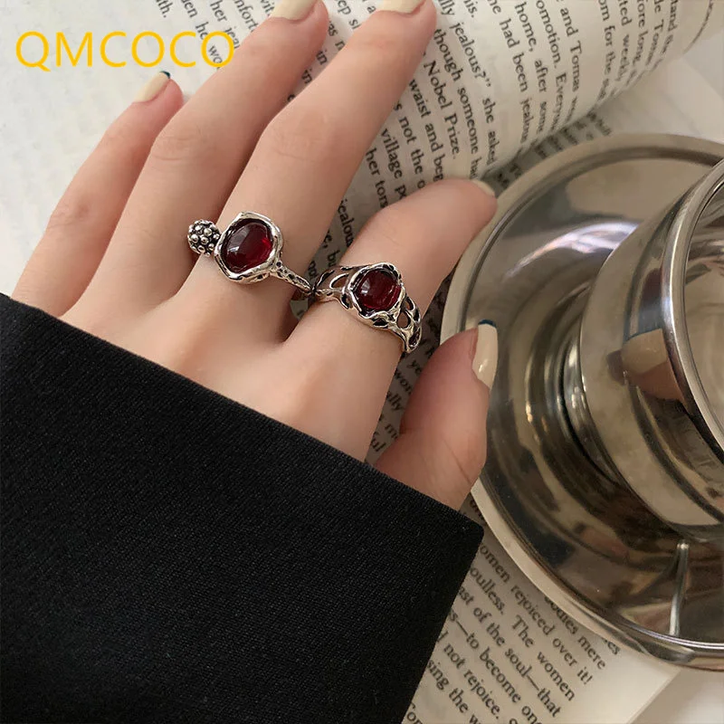 QMCOCO Silver Color Red Oval Zircon Ring For Women Trendy Elegant Geometric Vintage Handmade Luxury Ring Woman Jewelry Gifts