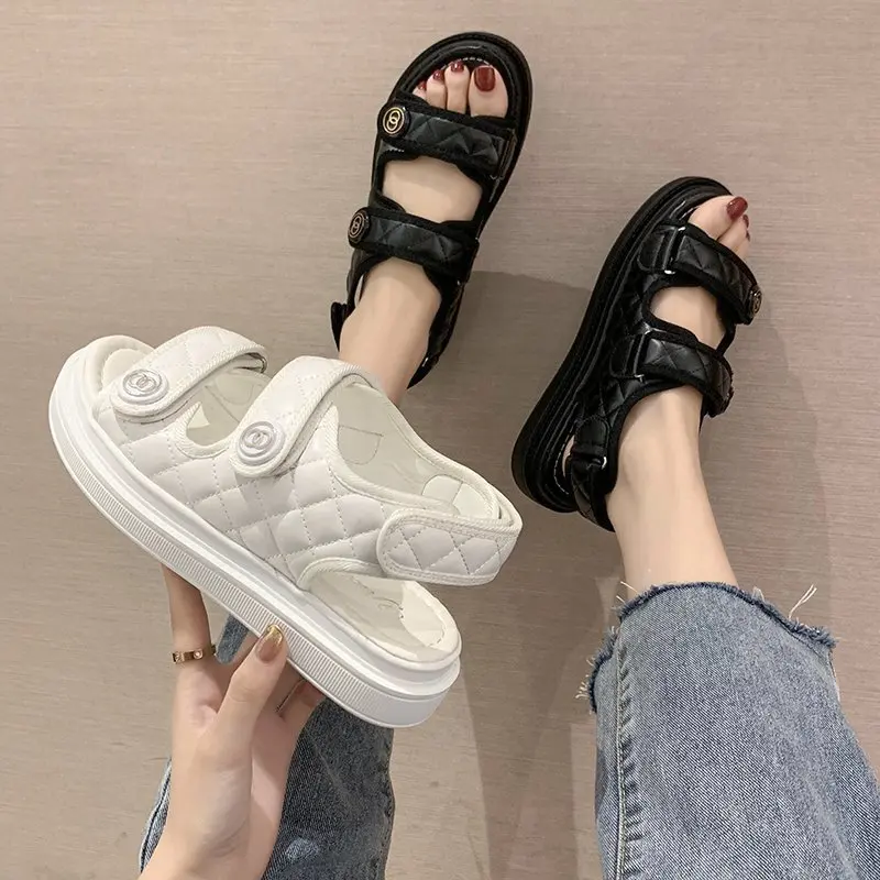 Women Summer Sports Sandals Thick-soled Increased Plaid Roman Shoes With  Casual RoundToe Comfortable Felmale Flat Sandals