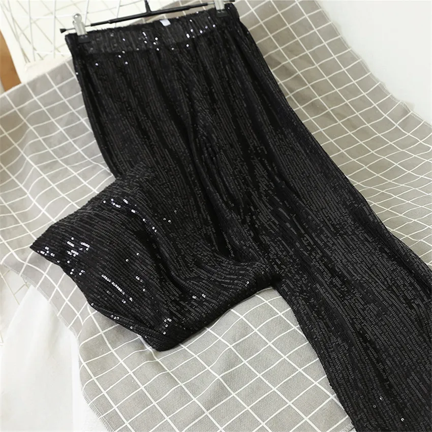 Gowyimmes Grandi Donne della Molla di Formato Pantaloni di Paillettes casual A Vita Alta Gamba Larga Pant Harajuku Bling Pantaloni Femminili Pantaloni Lunghi PD753