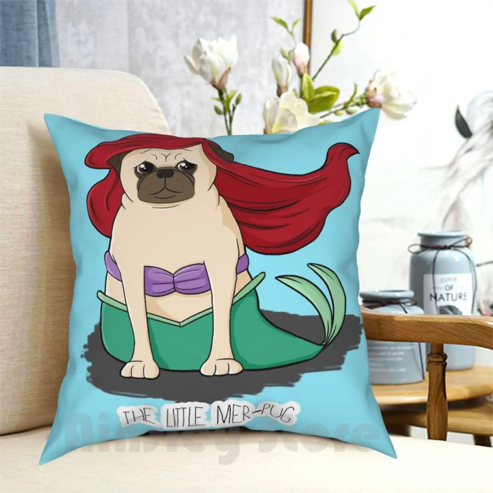 The Little Mer-Pug Pillow Case Printed Home Soft Throw Pillow Pug Cute Funny Parody The Little Mermaid Mermaid Mer Pug