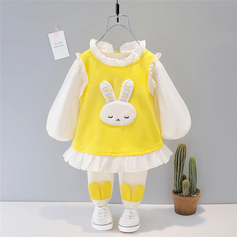 Girls Clothing Sets Spring Autumn Baby Rabbit Lace T Shirt Pants Children Kids Clothes Cartoon Toddler Infant Casual Outfit