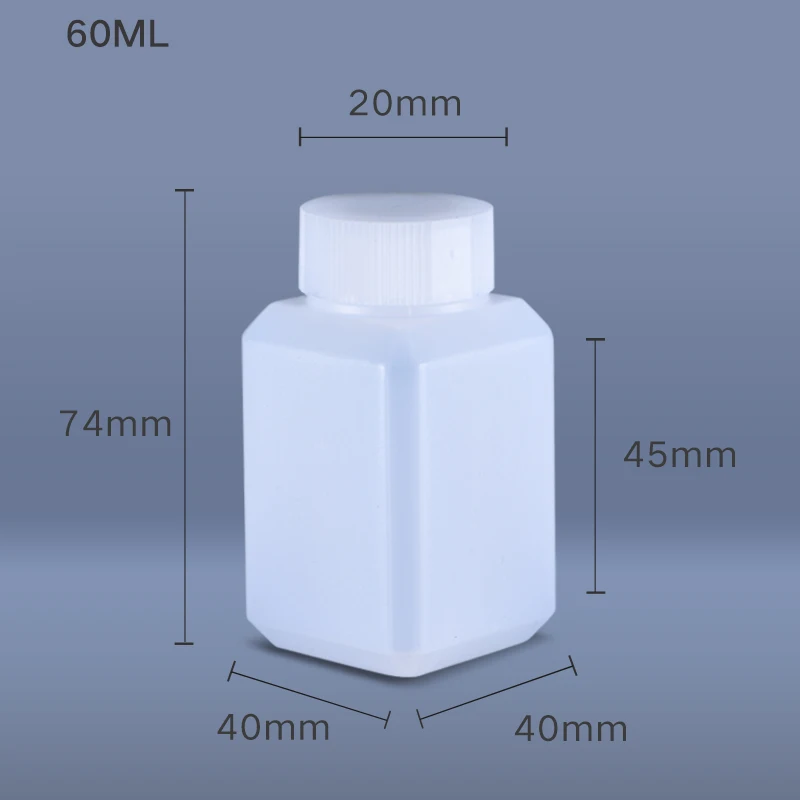 60ml Portable Small Mouth Plastic Bottle Empty Square Container For Reagent Liquid Oil Airtight Sealing 10PCS