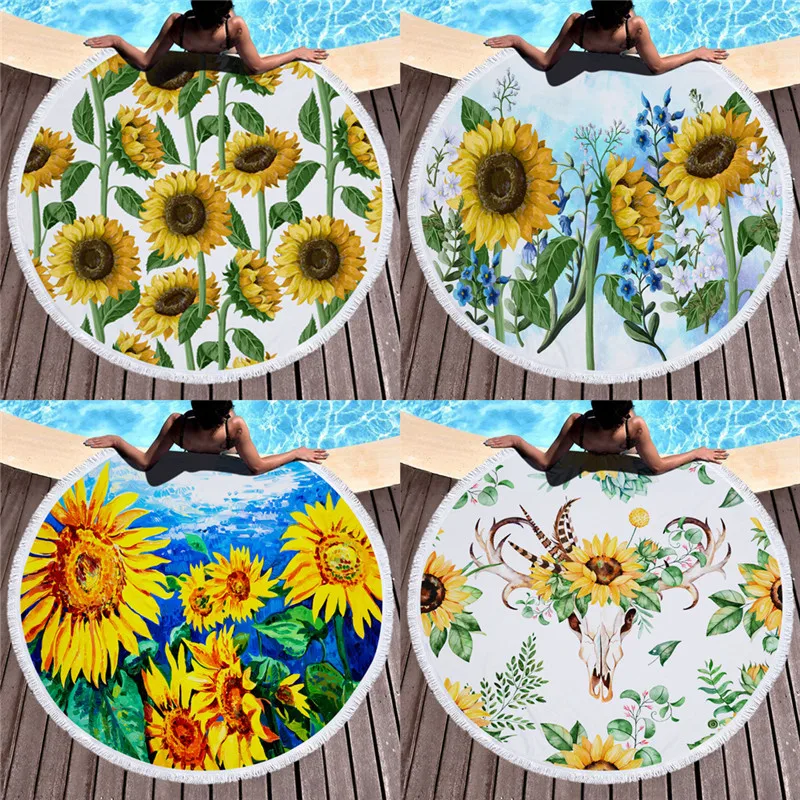 Quick Dry Microfiber Shower Beach Towel Round Bath Towel Sunflower Printing Adult Kid Travel Swimming Sauna Blanket With Tassels